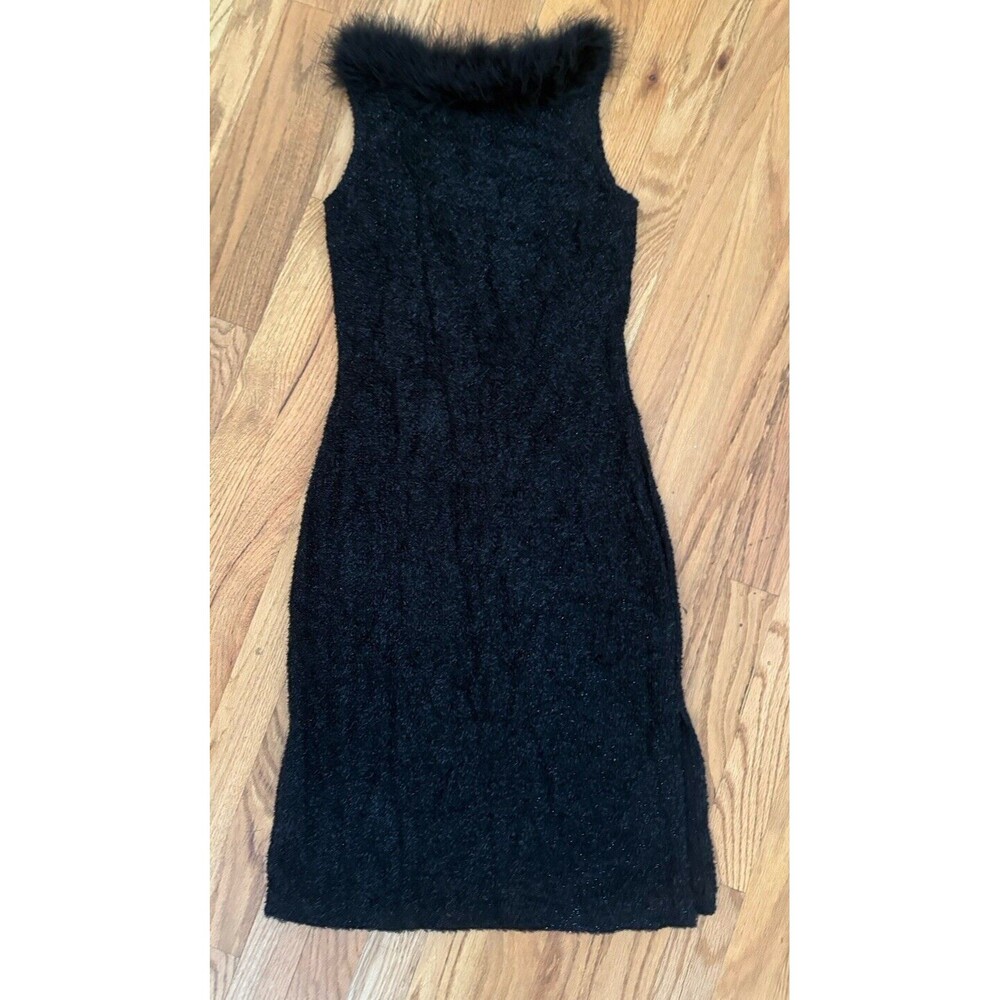 Forever 21 M Vtg Little Black Dress  Glitter Fairy Y2K Sparkle Fur Collar Wiggle